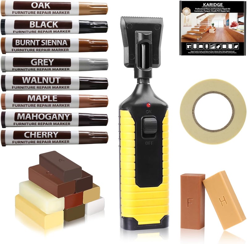 Karidge Laminate Vinyl Floor Repair Kit with Heat Pen, 11 Colors Hardwood Floor Wax Wood Furniture Touch up Marker Linoleum Lvp Repair Kit Covers Scratches, Stains, Cracks, Holes for Floor, Door, Cabinet - Image 1